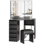 Coiffeuse d'angle avec miroir, ensemble de table de maquillage, tabouret rembourré, 5 tiroirs et étagères de rangement, coiffeuse de chambre pour femmes, noir