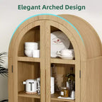 MAYEERTY 71 Armoires de rangement hautes arquées, Meuble de cuisine moderne avec porte vitrée, Pieds en bois massif, Étagères pour salon, Naturel