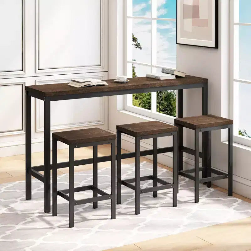 Ensemble de 4 meubles de bar industriels Okak avec table et tabourets de bar pour la cuisine, la salle à manger, ensemble de dînette en métal et bois pour le petit-déjeuner