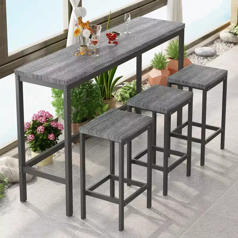 Ensemble de 4 meubles de bar industriels Okak avec table et tabourets de bar pour la cuisine, la salle à manger, ensemble de dînette en métal et bois pour le petit-déjeuner