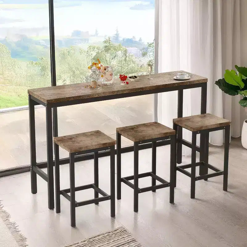 Ensemble de 4 meubles de bar industriels Okak avec table et tabourets de bar pour la cuisine, la salle à manger, ensemble de dînette en métal et bois pour le petit-déjeuner