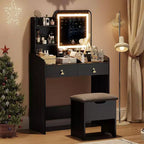 Coiffeuse avec miroir, petite coiffeuse avec tabouret de rangement rembourré, table de maquillage avec 2 grands tiroirs et étagères ouvertes à 3 niveaux pour la maison