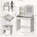 Coiffeuse avec miroir, petite coiffeuse avec tabouret de rangement rembourré, table de maquillage avec 2 grands tiroirs et étagères ouvertes à 3 niveaux pour la maison