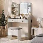 Coiffeuse avec miroir, petite coiffeuse avec tabouret de rangement rembourré, table de maquillage avec 2 grands tiroirs et étagères ouvertes à 3 niveaux pour la maison