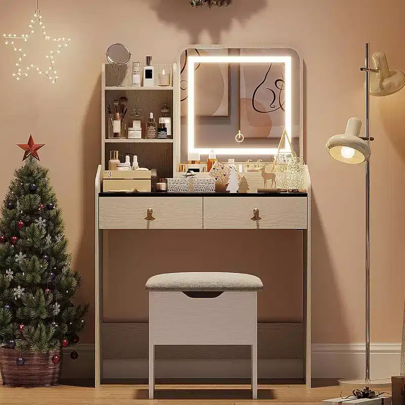Coiffeuse avec miroir, petite coiffeuse avec tabouret de rangement rembourré, table de maquillage avec 2 grands tiroirs et étagères ouvertes à 3 niveaux pour la maison