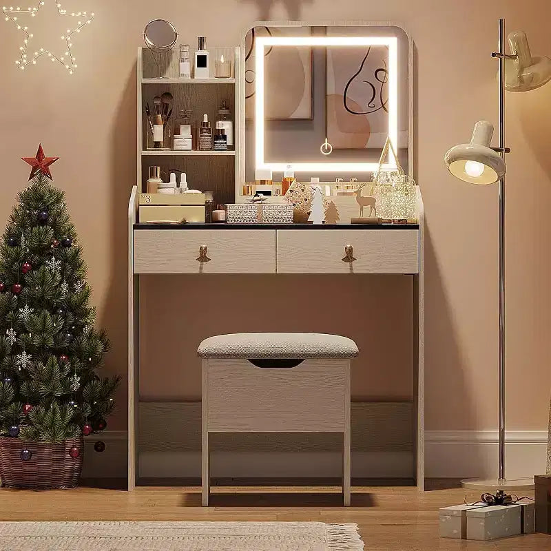 Coiffeuse avec miroir, petite coiffeuse avec tabouret de rangement rembourré, table de maquillage avec 2 grands tiroirs et étagères ouvertes à 3 niveaux pour la maison