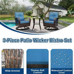 Ensemble de 3 chaises de patio pivotantes et berçantes, ensemble de bistro en osier pour terrasse, 2 fauteuils à bascule et table d'appoint, coussins épais, pour véranda, jardin ou cour arrière