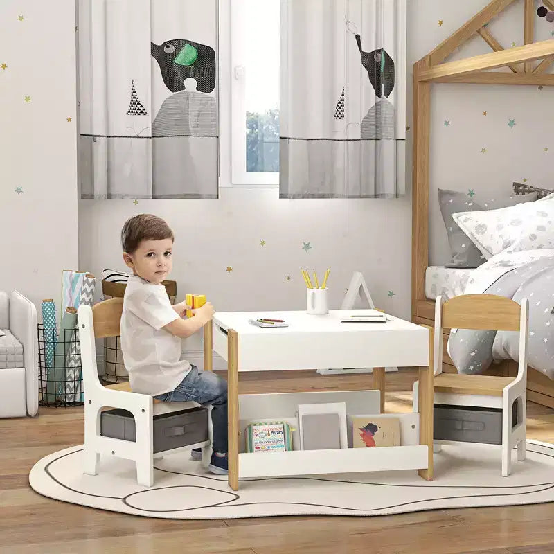 Ensemble table et 2 chaises pour enfants Whisen avec tableau noir, rangement et étagères, cadeau idéal pour les enfants