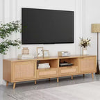 Modern Rattan TV Cabinet with Open Storage Shelves and Sturdy Wood Legs, Home Entertainment Center for Game Rooms, Living Rooms, Bedrooms, Offices