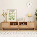 Meuble TV moderne en rotin avec étagères de rangement ouvertes et pieds en bois robustes, centre de divertissement à domicile pour salles de jeux, salons, chambres à coucher, bureaux