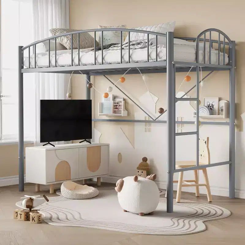 Lit mezzanine une place avec cadre en métal robuste, balustrades cintrées et échelle de sécurité, conception peu encombrante, aucun sommier requis, silencieux