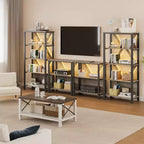 Étagère à 3 niveaux avec lumières - Bibliothèque ouverte en bois et métal, étagère de rangement sur pied pour salon, chambre, bureau à domicile
