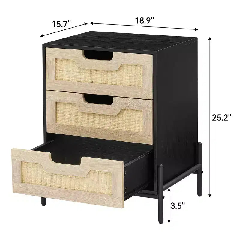 Table de chevet haute en rotin de 25 po, table de chevet de ferme moderne avec 3 tiroirs en rotin naturel, pieds en métal robustes, table d'appoint pour chambre ou salon