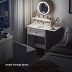 Coiffeuse Compacte avec Miroir Lumineux Réglable Mini Coiffeuse, Tiroir de Rangement et Chaise pour Chambre ou Petits Espaces