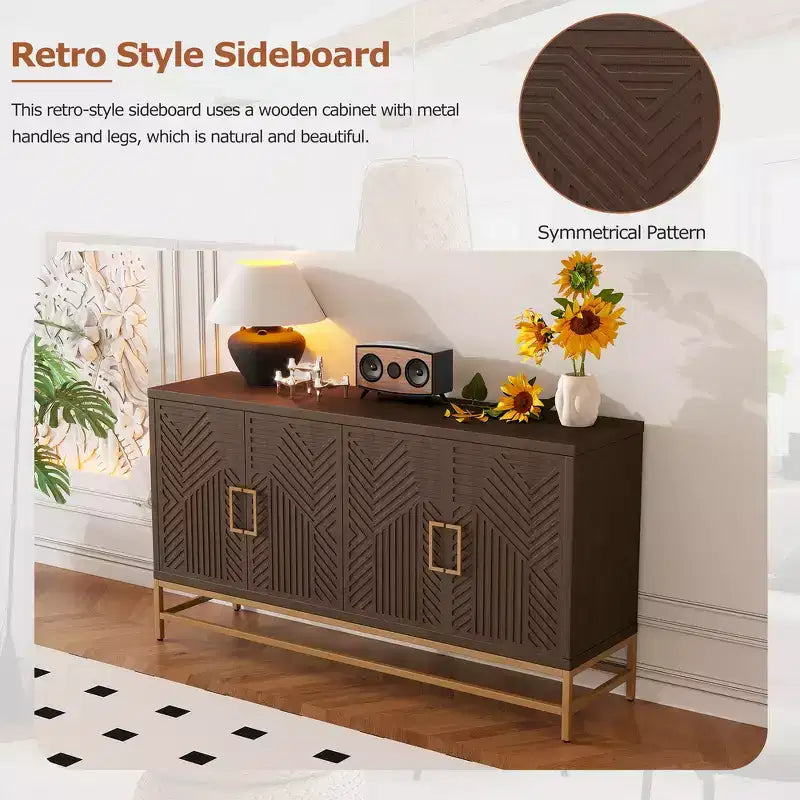 Buffet Whisen de style rétro avec motif symétrique, pieds métalliques stables et dessus de présentation polyvalent