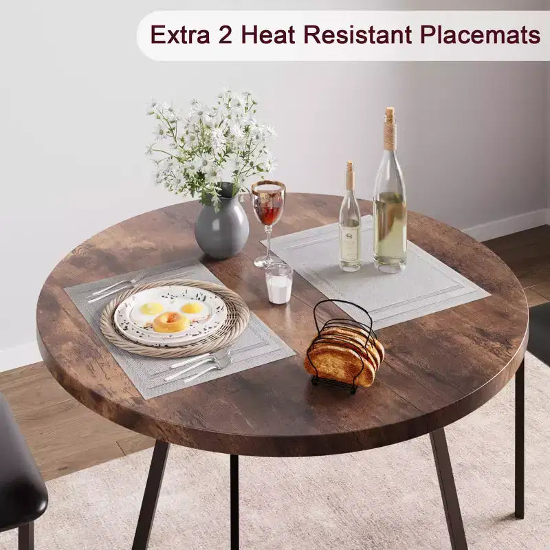 Ensemble table à manger et 2 chaises, table de cuisine ronde en bois et chaises, 2 chaises en métal et bois, pour petit espace, appartement