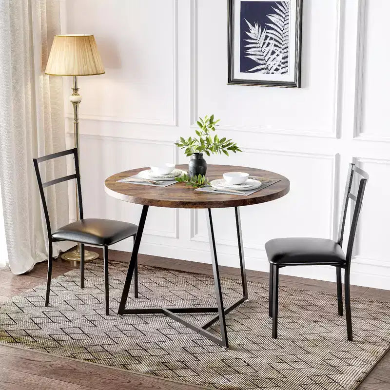 Ensemble table à manger et 2 chaises, table de cuisine ronde en bois et chaises, 2 chaises en métal et bois, pour petit espace, appartement