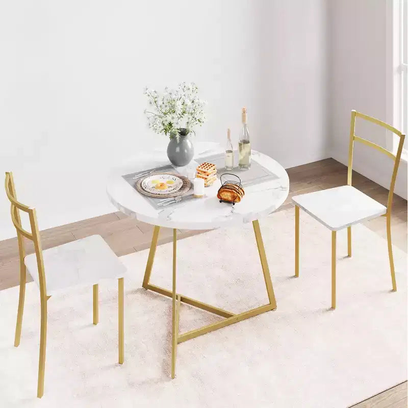 Ensemble table à manger et 2 chaises, table de cuisine ronde en bois et chaises, 2 chaises en métal et bois, pour petit espace, appartement