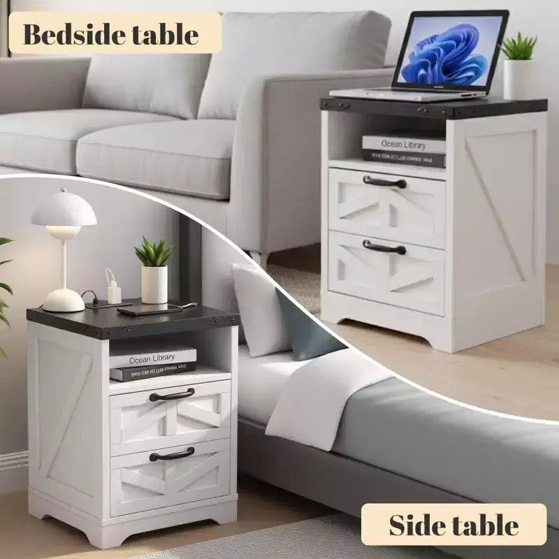 Table de chevet de style ferme - Table de chevet blanche avec station de charge, table de chevet de chambre, deux tiroirs, bois d'ingénierie robuste et durable.