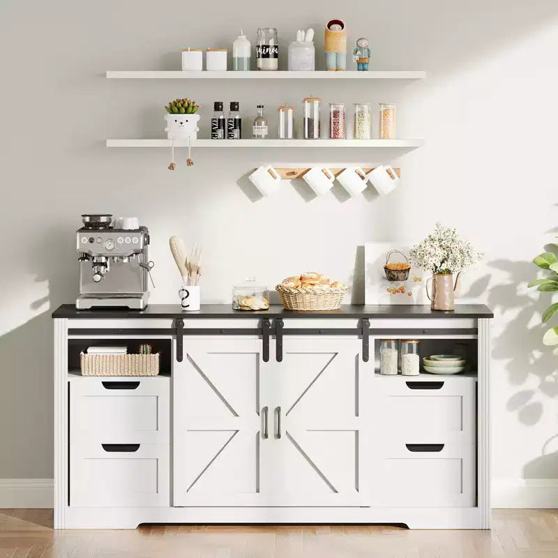 Meuble TV de ferme COZONY pour téléviseurs jusqu'à 70 pouces, centre de divertissement en bois de 66 pouces avec 4 tiroirs, porte coulissante de grange et étagères de rangement pour le salon