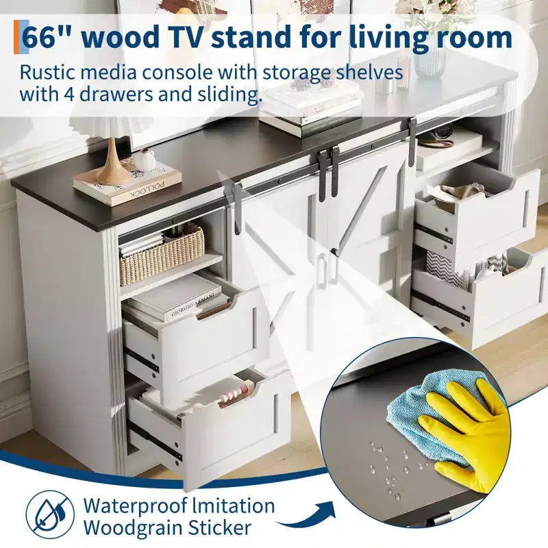 Meuble TV de ferme COZONY pour téléviseurs jusqu'à 70 pouces, centre de divertissement en bois de 66 pouces avec 4 tiroirs, porte coulissante de grange et étagères de rangement pour le salon