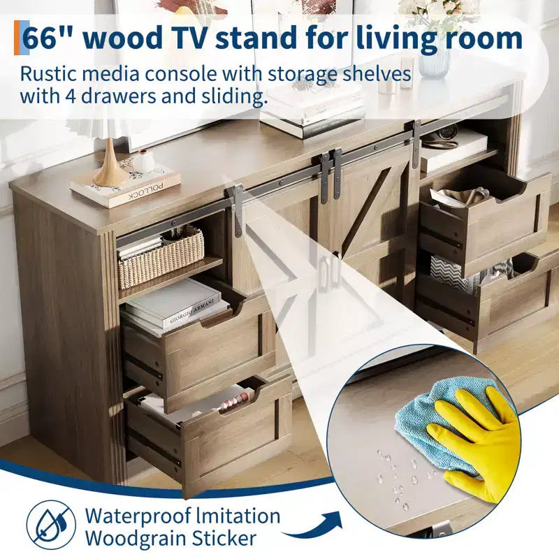 Meuble TV de ferme COZONY pour téléviseurs jusqu'à 70 pouces, centre de divertissement en bois de 66 pouces avec 4 tiroirs, porte coulissante de grange et étagères de rangement pour le salon
