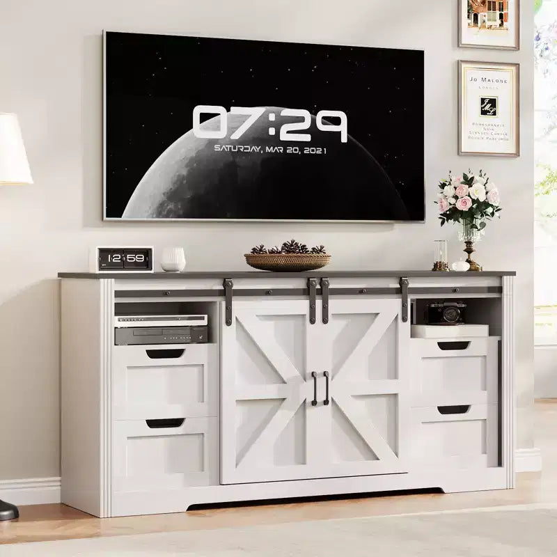 Meuble TV de ferme COZONY pour téléviseurs jusqu'à 70 pouces, centre de divertissement en bois de 66 pouces avec 4 tiroirs, porte coulissante de grange et étagères de rangement pour le salon