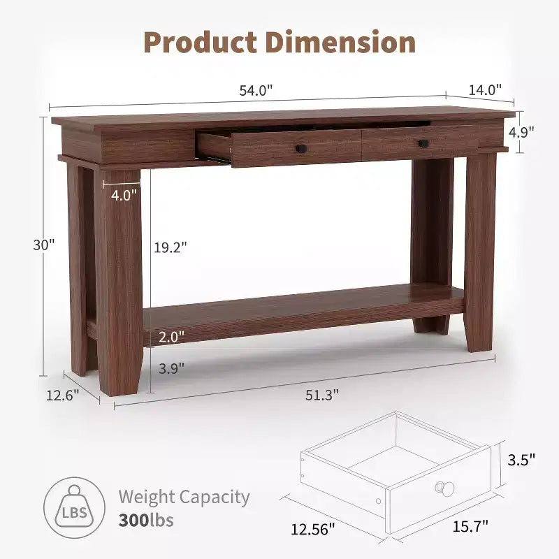 Console GustoWave de 54 pouces avec 2 tiroirs et étagère inférieure, table d'appoint moderne à 2 niveaux
