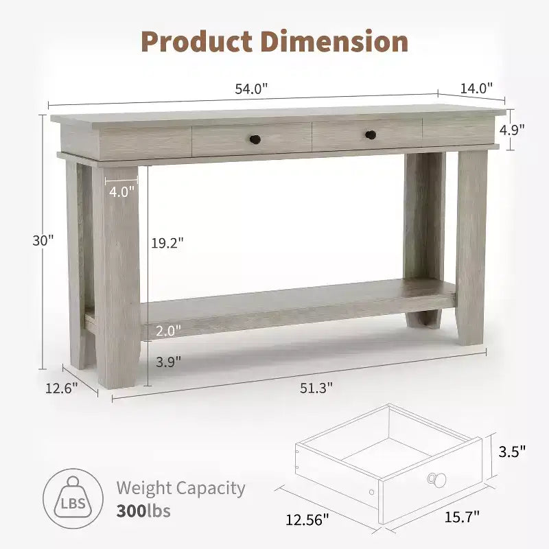 Console GustoWave de 54 pouces avec 2 tiroirs et étagère inférieure, table d'appoint moderne à 2 niveaux