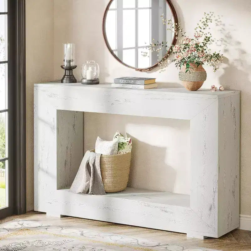 Console de ferme Lantine, Table console d'entrée de 119 cm avec rangement, Table d'appoint industrielle pour salon, entrée