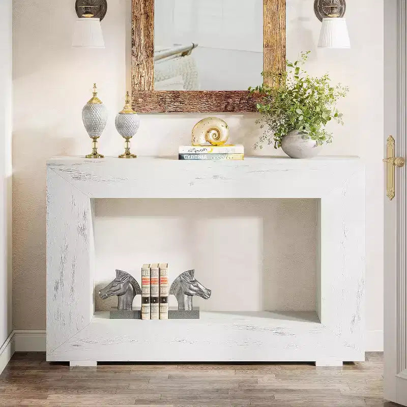 Console de ferme Lantine, Table console d'entrée de 119 cm avec rangement, Table d'appoint industrielle pour salon, entrée
