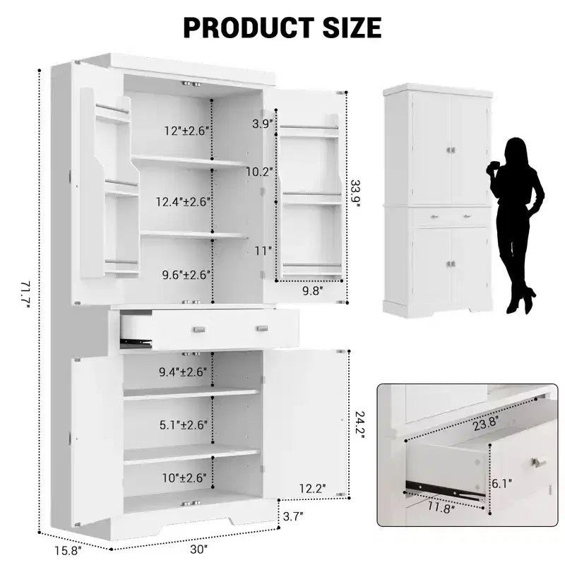 Meuble de rangement de cuisine de 72 pouces, armoire de rangement de garde-manger avec 1 tiroir et 4 portes, étagères réglables, pour cuisine, salle à manger, blanc