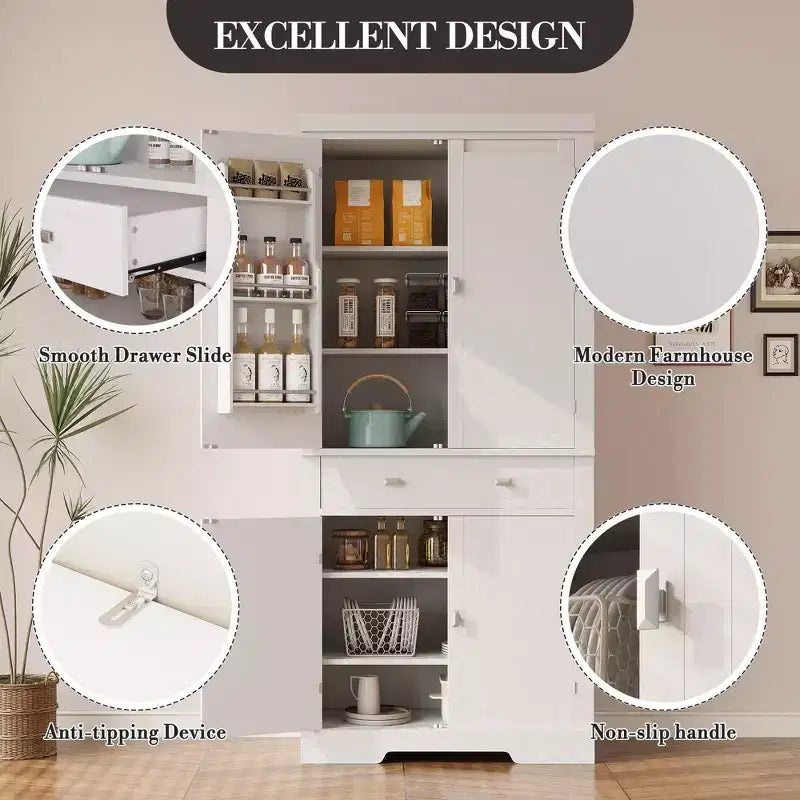 Meuble de rangement de cuisine de 72 pouces, armoire de rangement de garde-manger avec 1 tiroir et 4 portes, étagères réglables, pour cuisine, salle à manger, blanc