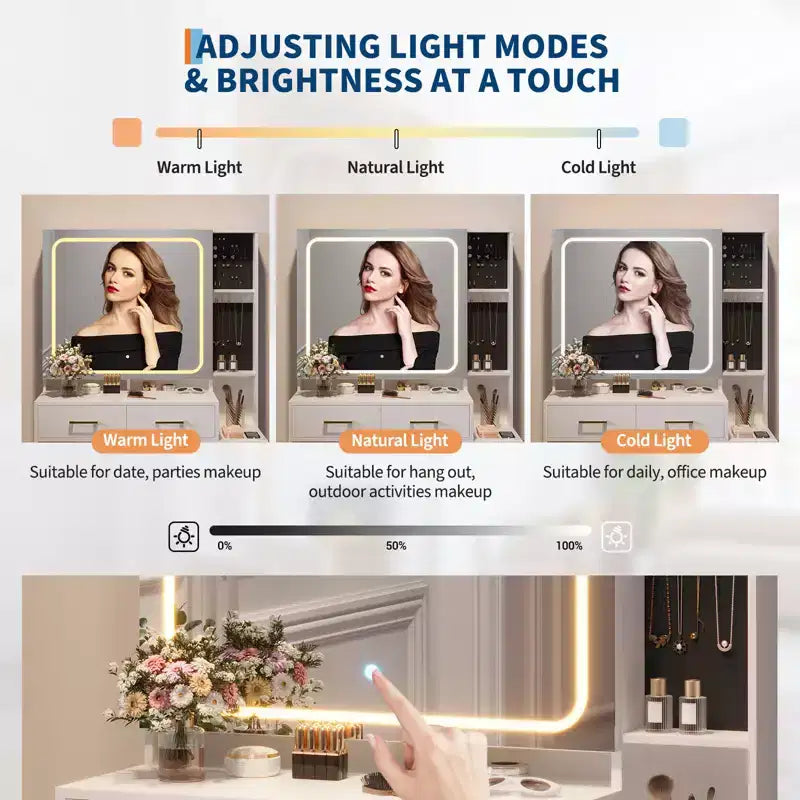 Ensemble de coiffeuse robuste en panneaux de particules - Table de maquillage élégante avec miroir intelligent illuminé, prise USB et grand espace de rangement pour bijoux