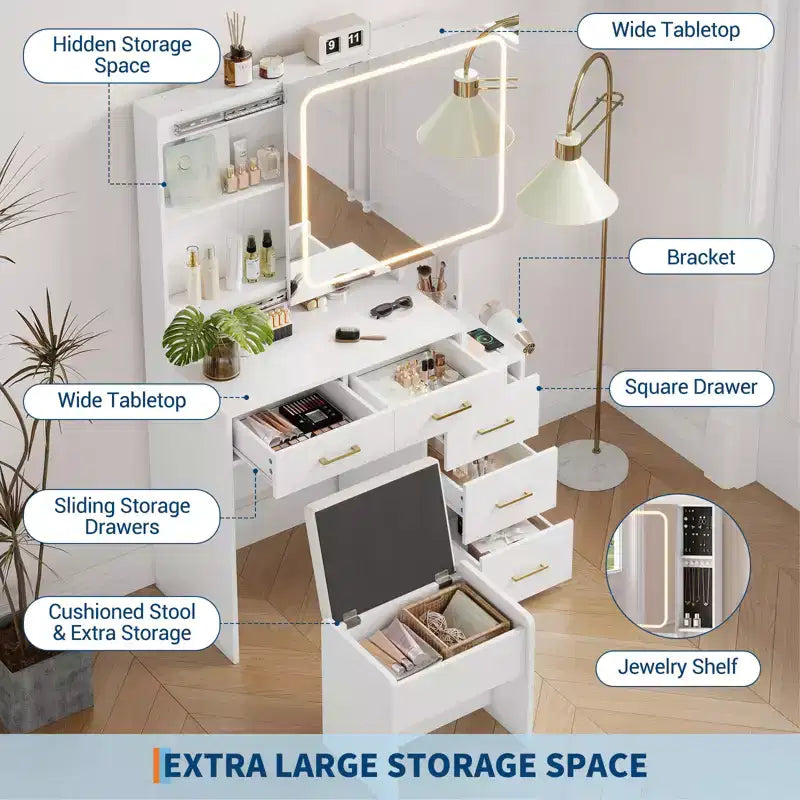 Ensemble de coiffeuse robuste en panneaux de particules - Table de maquillage élégante avec miroir intelligent illuminé, prise USB et grand espace de rangement pour bijoux
