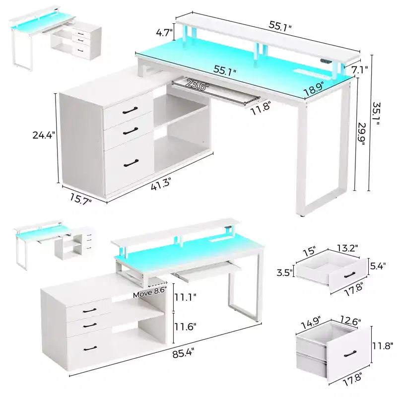 Bureau minimaliste moderne Greenstell en L - avec lumière LED et tablette coulissante pour clavier, espace de rangement ouvert, trois tiroirs de rangement