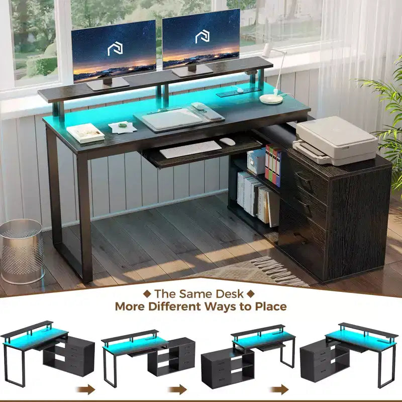 Bureau minimaliste moderne Greenstell en L - avec lumière LED et tablette coulissante pour clavier, espace de rangement ouvert, trois tiroirs de rangement