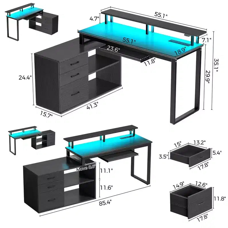 Bureau minimaliste moderne Greenstell en L - avec lumière LED et tablette coulissante pour clavier, espace de rangement ouvert, trois tiroirs de rangement