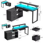 Bureau minimaliste moderne Greenstell en L - avec lumière LED et tablette coulissante pour clavier, espace de rangement ouvert, trois tiroirs de rangement