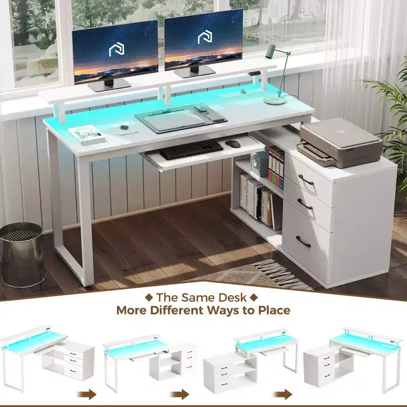 Bureau minimaliste moderne Greenstell en L - avec lumière LED et tablette coulissante pour clavier, espace de rangement ouvert, trois tiroirs de rangement