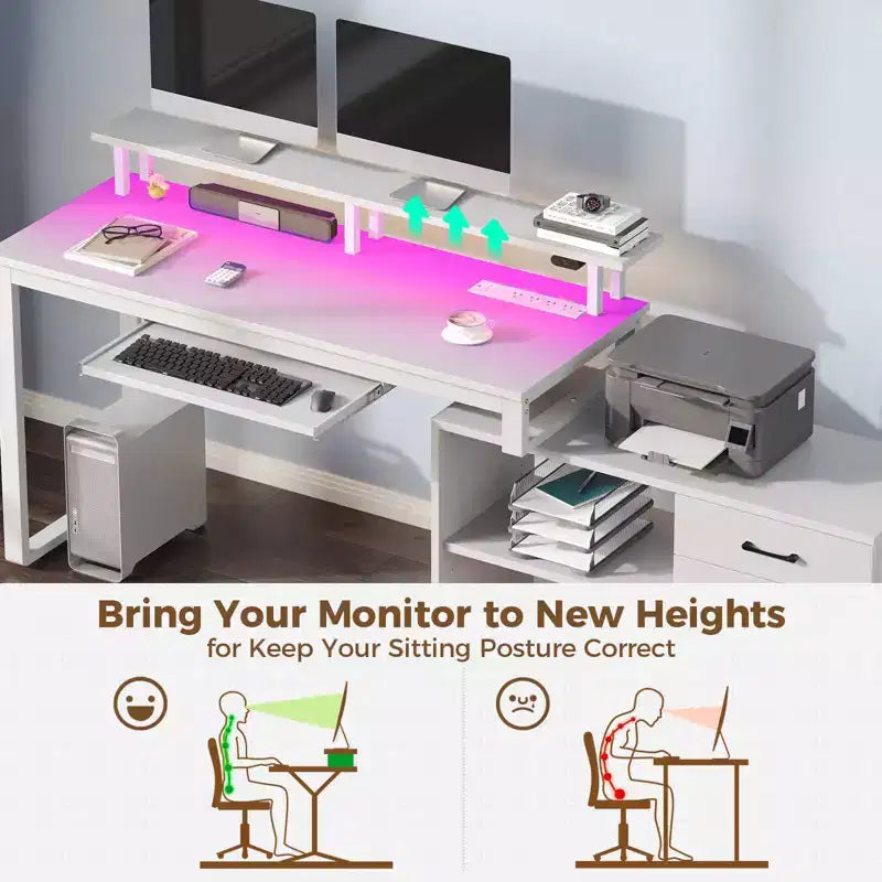 Bureau minimaliste moderne Greenstell en L - avec lumière LED et tablette coulissante pour clavier, espace de rangement ouvert, trois tiroirs de rangement