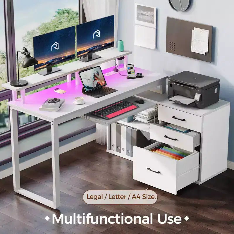 Bureau minimaliste moderne Greenstell en L - avec lumière LED et tablette coulissante pour clavier, espace de rangement ouvert, trois tiroirs de rangement