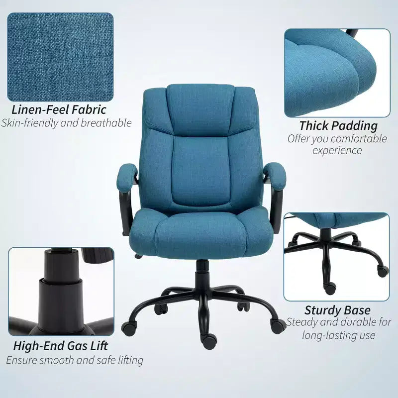 Chaise de bureau de direction avec siège large, chaise de bureau d'ordinateur à hauteur réglable, roulettes pivotantes