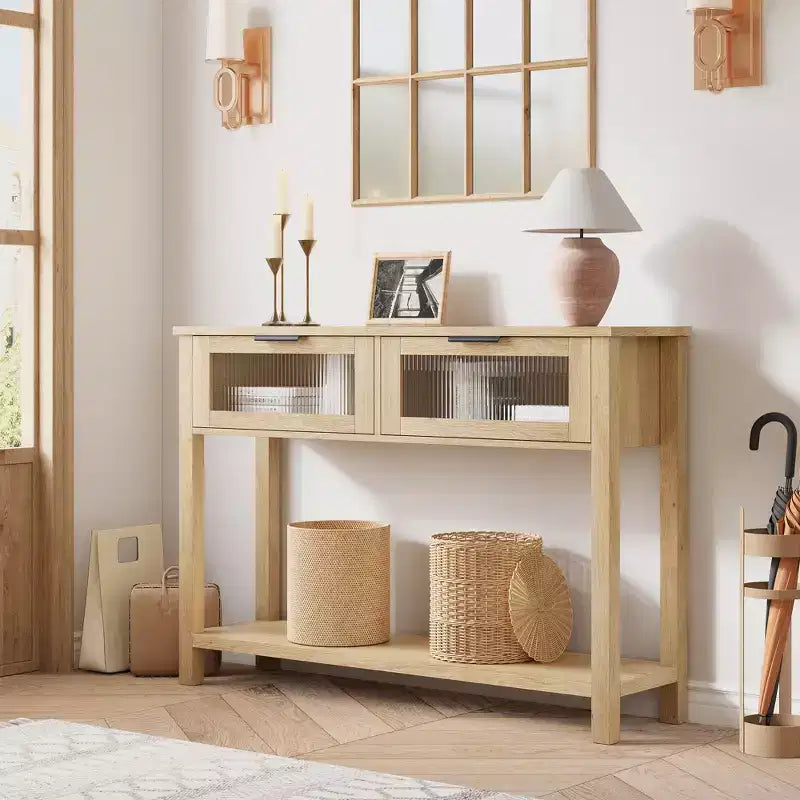COZONY 43 Table console moderne en bois avec 2 tiroirs en verre, Table d'entrée étroite avec grand espace de rangement pour salon, couloir, hall d'entrée, cuisine