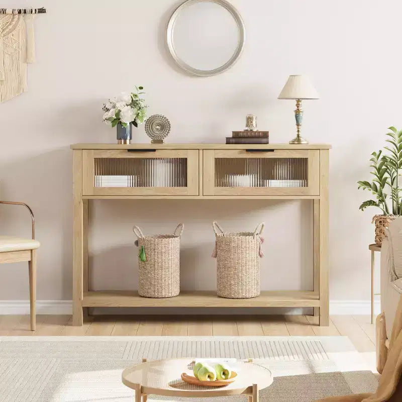 COZONY 43 Table console moderne en bois avec 2 tiroirs en verre, Table d'entrée étroite avec grand espace de rangement pour salon, couloir, hall d'entrée, cuisine