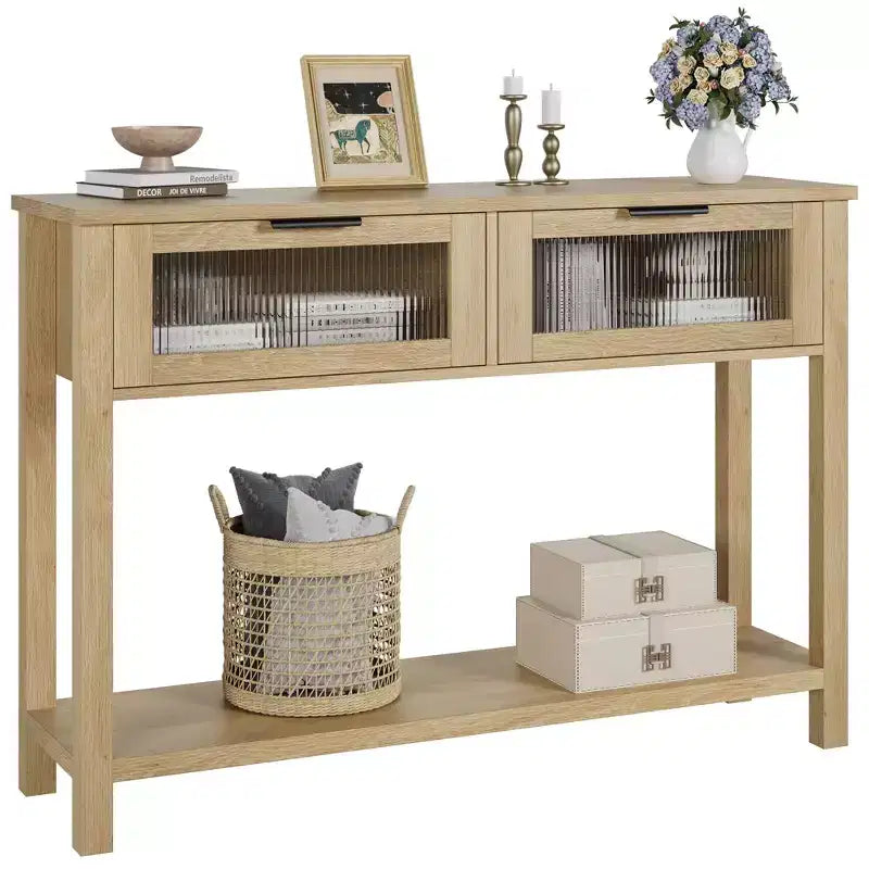 COZONY 43 Table console moderne en bois avec 2 tiroirs en verre, Table d'entrée étroite avec grand espace de rangement pour salon, couloir, hall d'entrée, cuisine