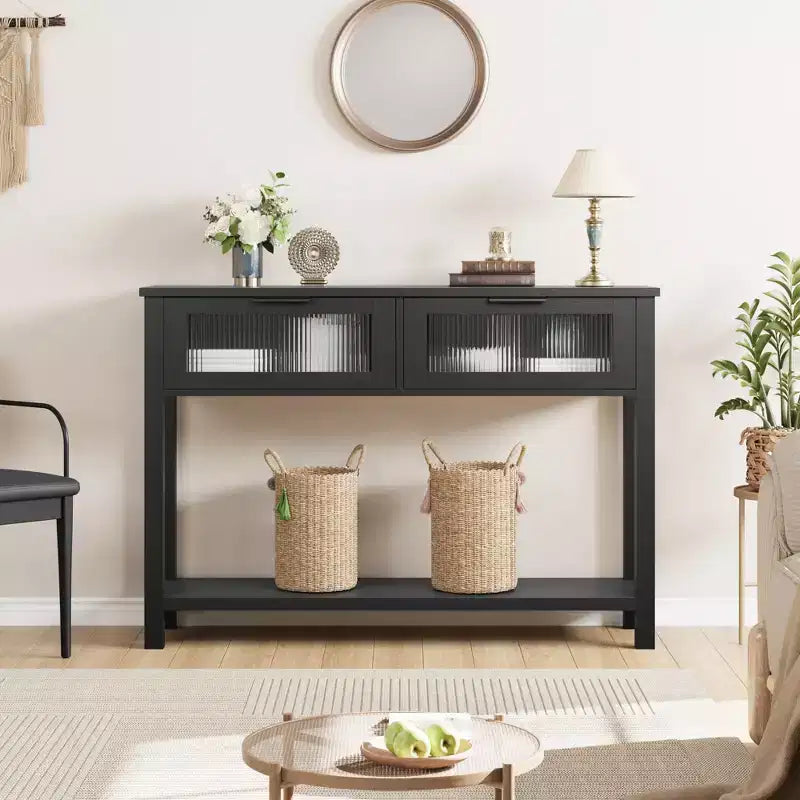 COZONY 43 Table console moderne en bois avec 2 tiroirs en verre, Table d'entrée étroite avec grand espace de rangement pour salon, couloir, hall d'entrée, cuisine