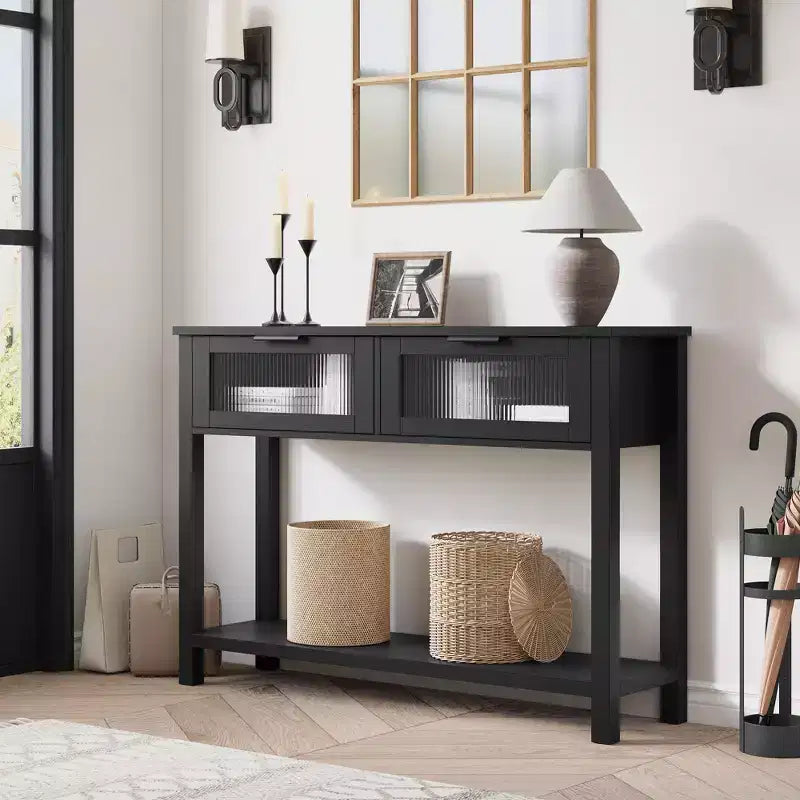 COZONY 43 Table console moderne en bois avec 2 tiroirs en verre, Table d'entrée étroite avec grand espace de rangement pour salon, couloir, hall d'entrée, cuisine