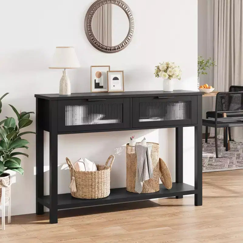 COZONY 43 Table console moderne en bois avec 2 tiroirs en verre, Table d'entrée étroite avec grand espace de rangement pour salon, couloir, hall d'entrée, cuisine
