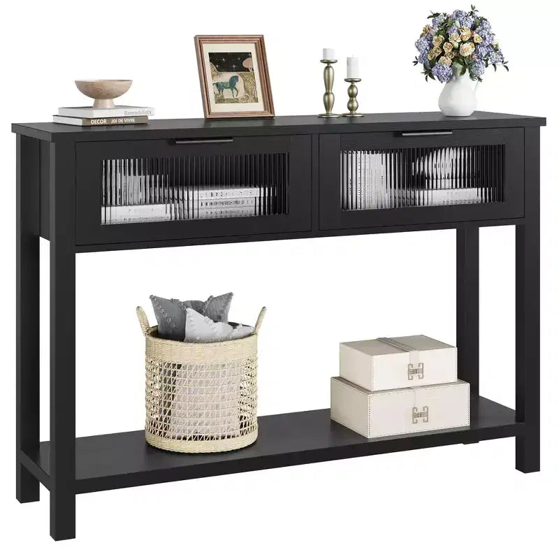 COZONY 43 Table console moderne en bois avec 2 tiroirs en verre, Table d'entrée étroite avec grand espace de rangement pour salon, couloir, hall d'entrée, cuisine